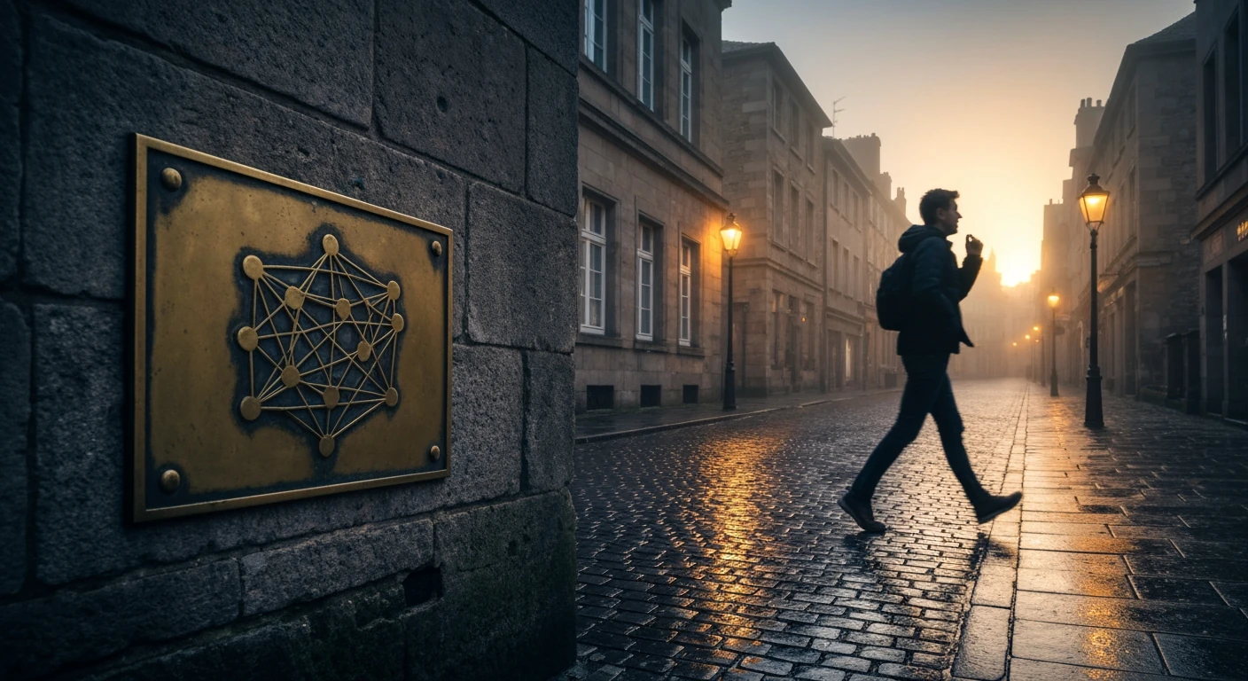A person walks on a rain-slicked cobblestone street at dawn in a historic city, representing the foundational shift of blockchain technology.