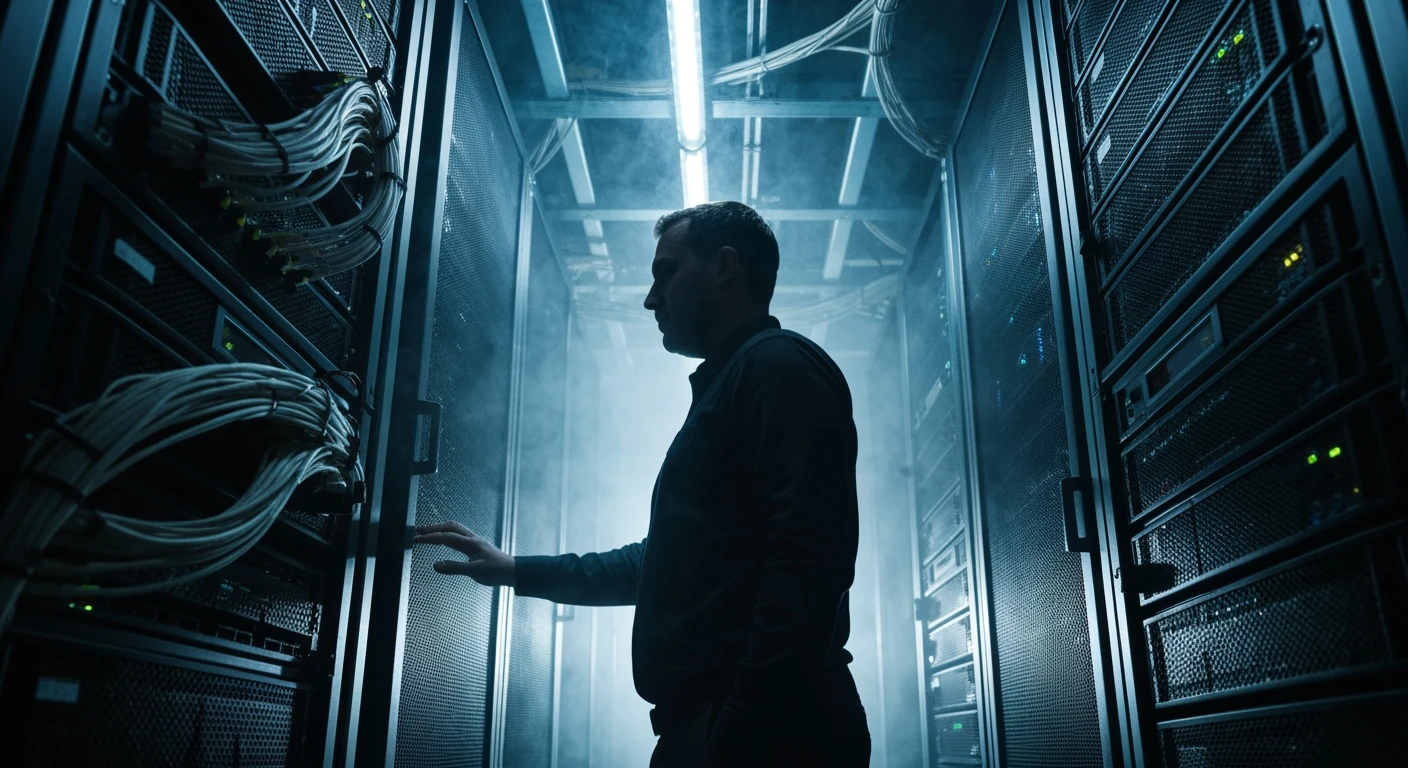 A person silhouetted in a server room, highlighting the intricate network of a decentralized digital ledger, symbolizing blockchain technology.