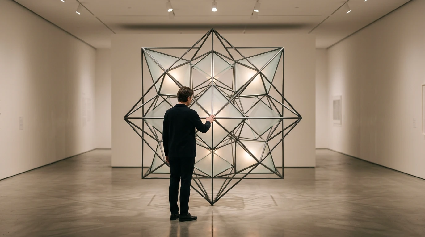 A person observing a minimalist geometric sculpture in an art gallery, symbolizing interconnected blockchain and NFT market dynamics, with soft warm lighting.