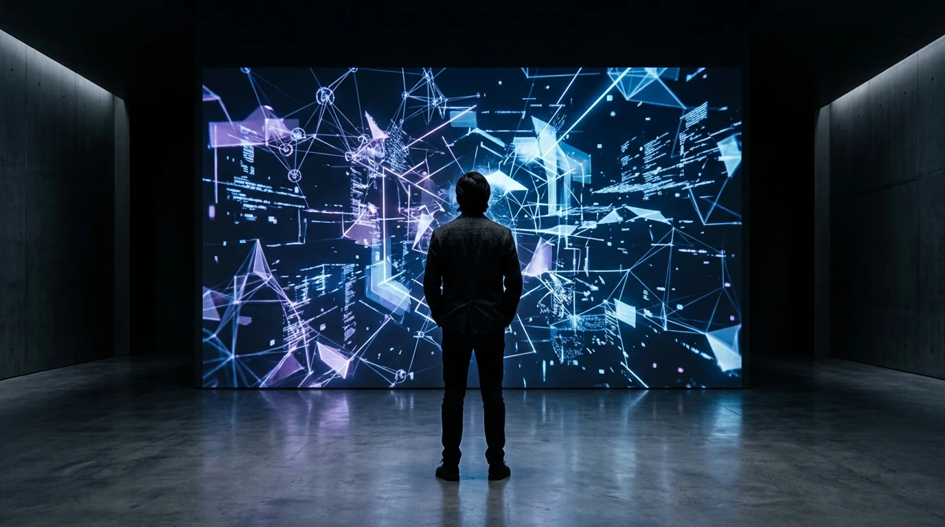 A person observes a holographic projection depicting abstract, glowing blue and purple geometric shapes representing evolving crypto security threats and vulnerabilities in a minimalist gallery.