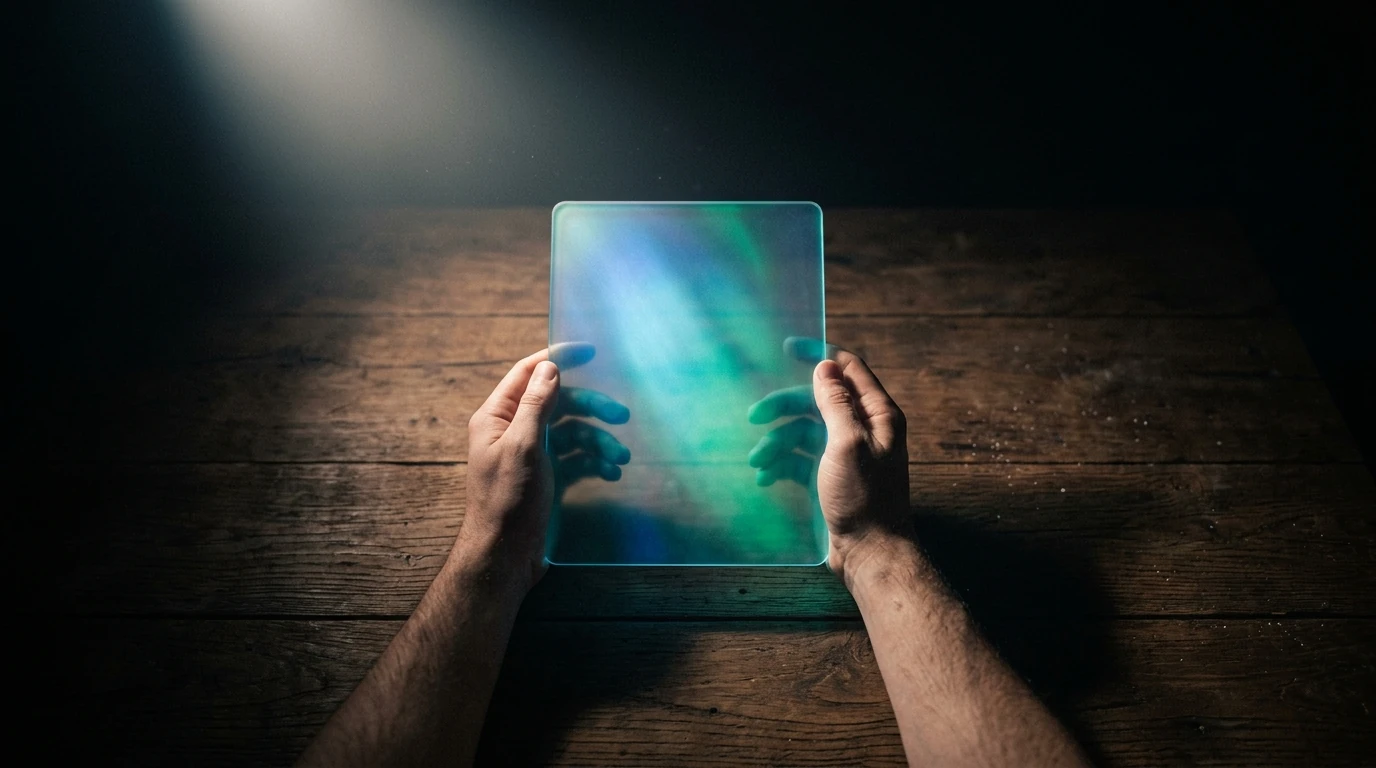 A person's hands holding a glowing digital tablet displaying a unique NFT artwork, against a darkly lit wooden desk, illustrating the concept of scarce digital assets.