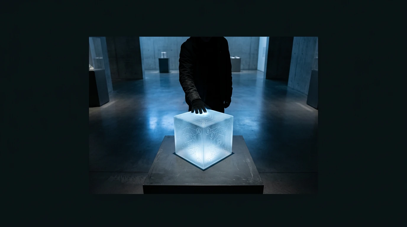 A person interacting with a glowing, translucent cube representing decentralized data ownership in a minimalist setting, symbolizing Web3's paradigm shift.