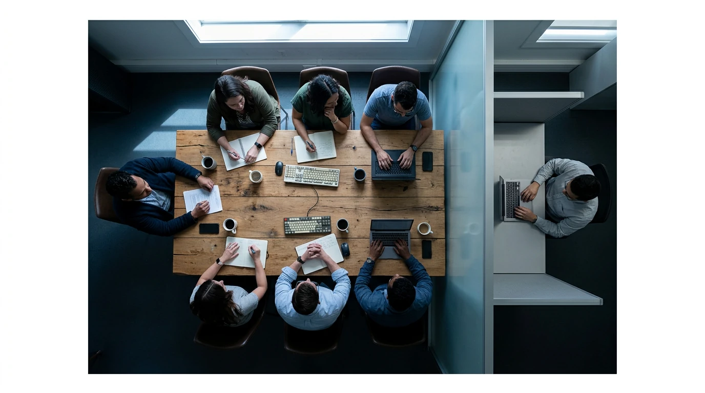 An overhead view contrasting a vibrant, collaborative Web3 workspace with a sterile, isolated Web2 cubicle, symbolizing the shift from centralized to decentralized internet ownership.