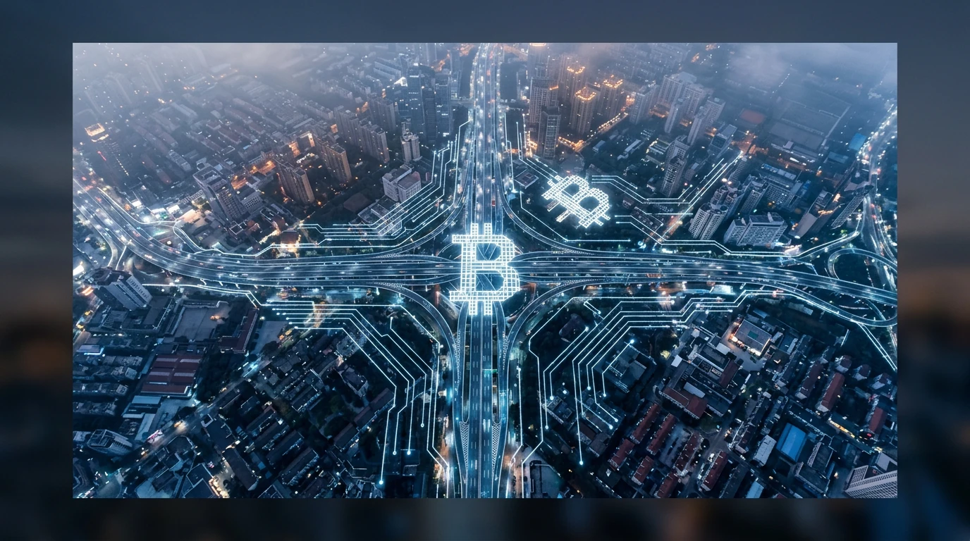 An aerial drone view of a glowing city at dusk, with streets forming geometric patterns and a subtle Bitcoin symbol integrated into the urban light network, symbolizing digital asset trends.
