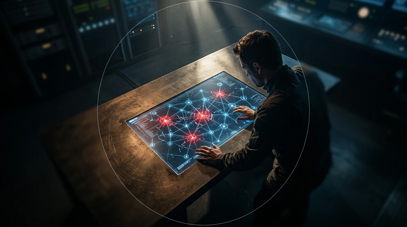 A person observing a digital network display with flickering red nodes, illustrating blockchain security threats and vulnerabilities.