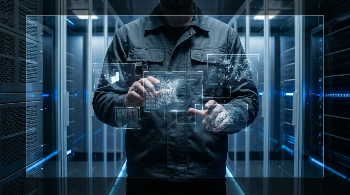 A person calibrates holographic blockchain panels in a server room, illustrating the foundational technology linking NFTs and cryptocurrencies.