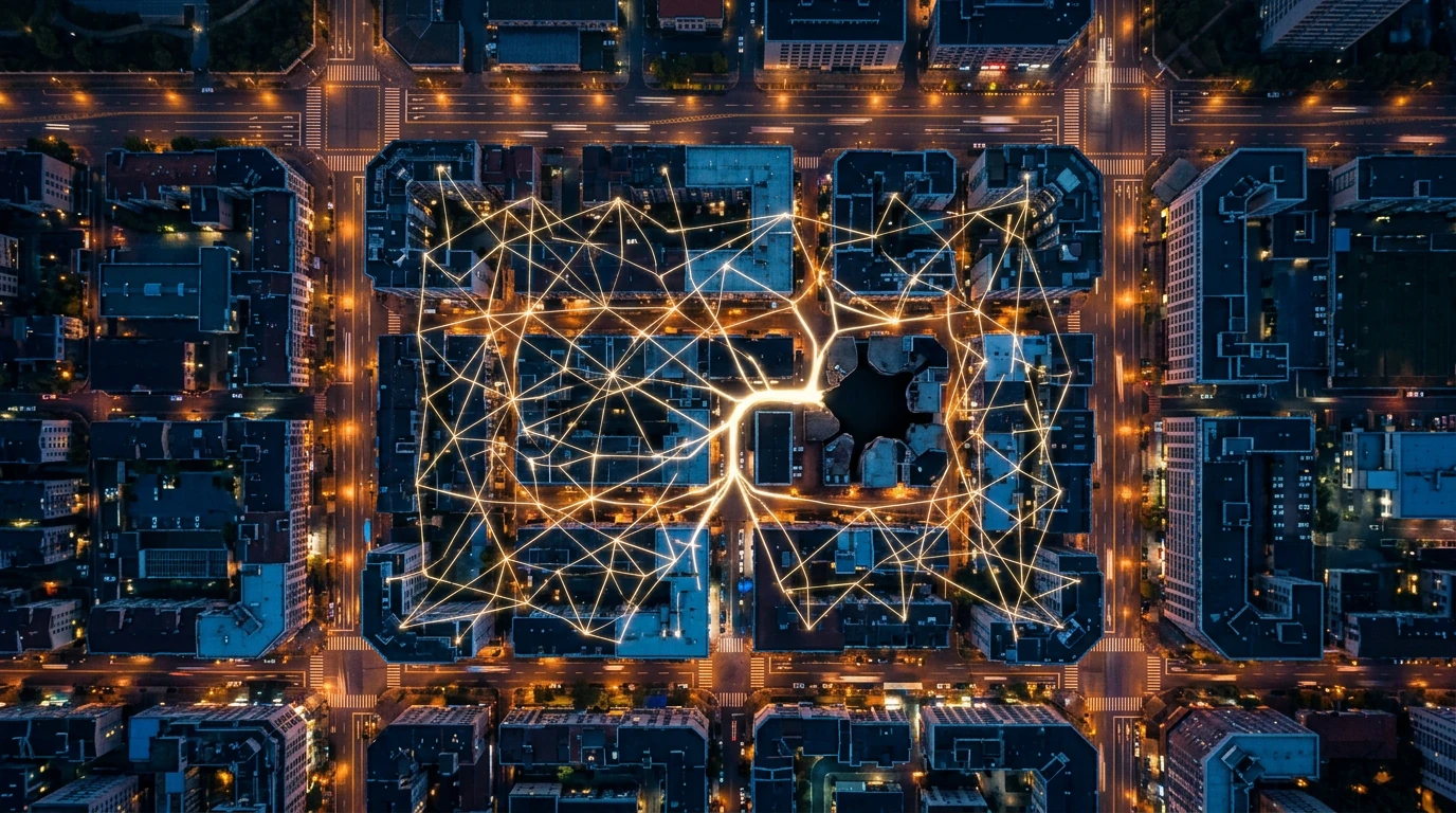 An aerial drone view of a city at dusk, with glowing digital lines superimposed, showing one line diverting to an anomalous dark node, symbolizing Web3 security threats and data breaches.